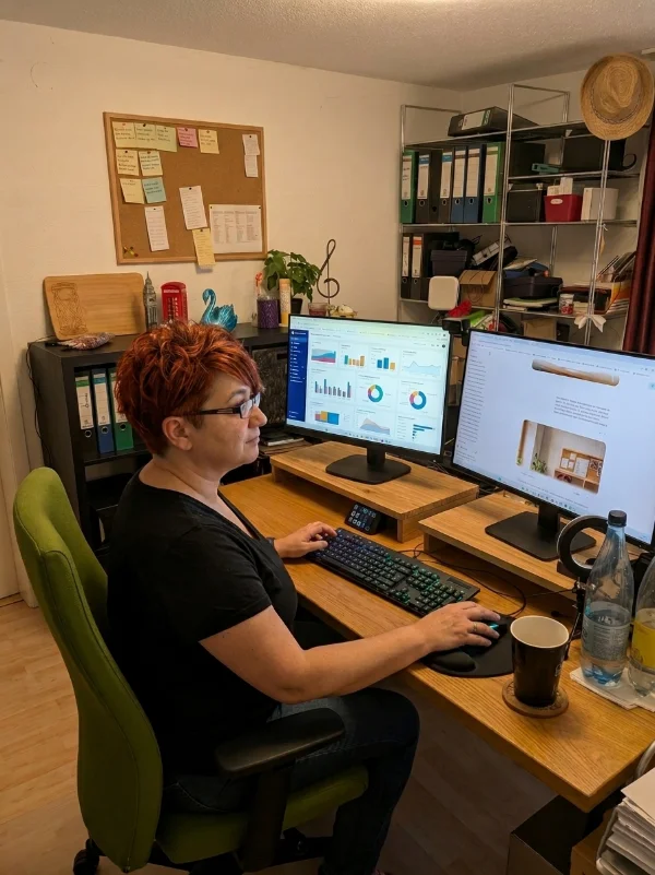 elke-schwan-koehr-federfuehrend-arbeitsplatz-text-webdesign-marketing „Elke Schwan-Köhr von federführend arbeitet an ihrem Schreibtisch mit zwei Monitoren an Text-, Marketing- und Websiteprojekten.“