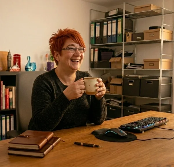 Elke Schwan-Köhr von federführend sitzt mit einer Kaffeetasse an ihrem Schreibtisch und lacht.