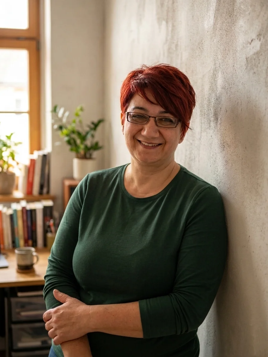 elke-schwan-koehr-federfuehrend-portrait Elke Schwan-Köhr von federführend lehnt lächelnd an einer Wand in ihrem Arbeitsbereich.